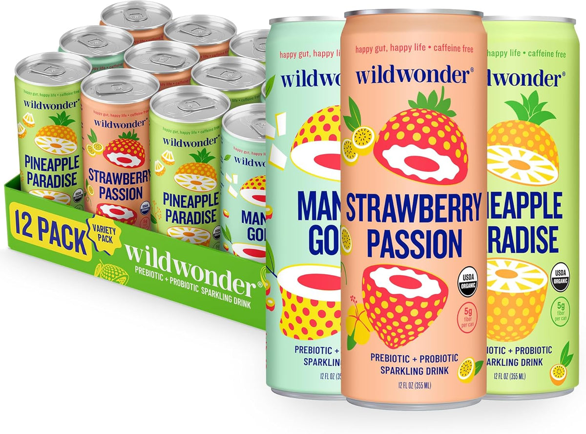 wildwonder Sparkling Probiotic Drink 12pk, For Gut Health & Immune Support, Tropical Vibes Variety, 5g Prebiotic Fiber, Live Probiotics, Organic, Vegan, Low Sugar, 12Pack, 12oz Can, Seen on Shark Tank